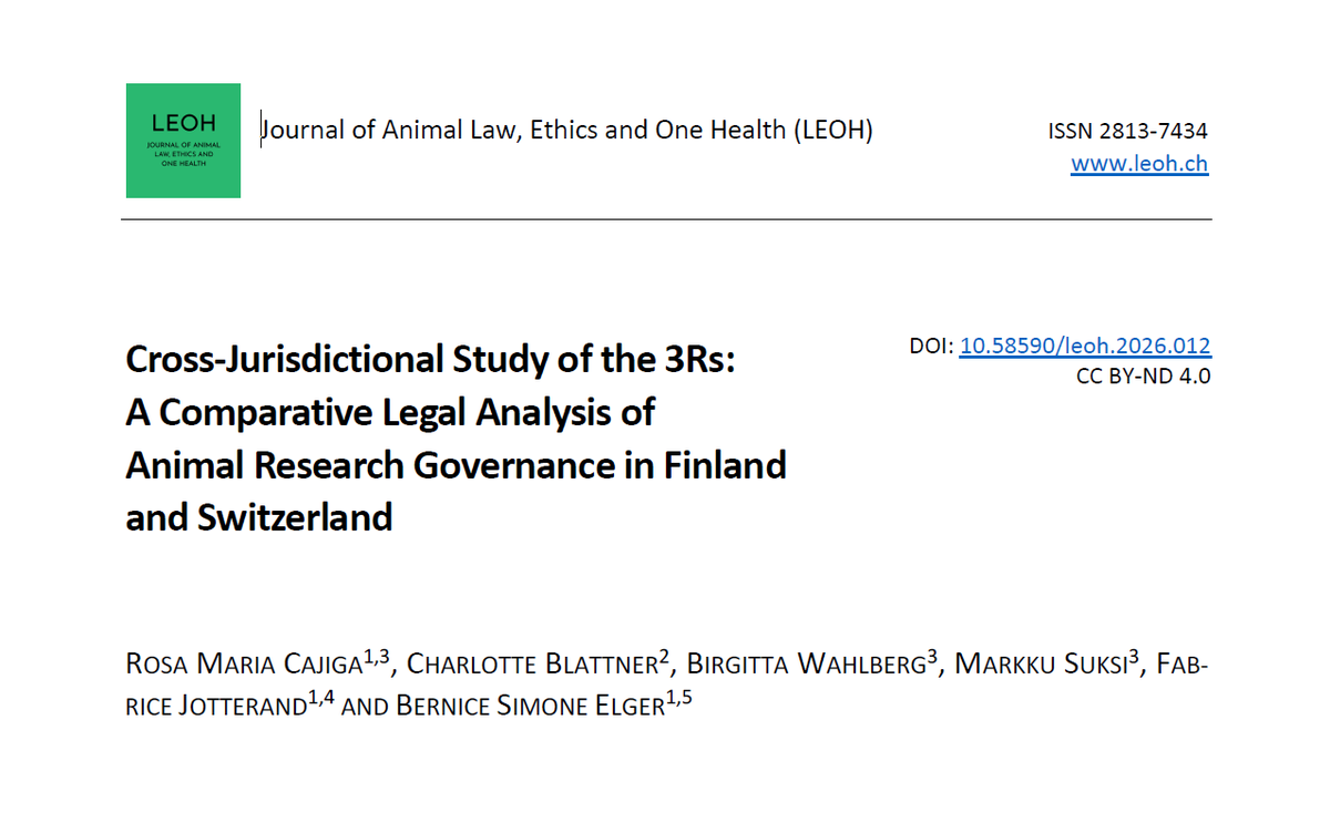SAOscience's tweet photo. The 3Rs framework is not driving a transition away from experiments on animals, but instead perpetuates their continued use.

Through a comparative legal analysis, Cajiga et al. show that both Switzerland and Finland formally integrated the 3Rs—Replacement, Reduction, and Refinement into their regulatory frameworks, but did so primarily as procedural safeguards within ongoing animal use.

Even in Switzerland, where animal dignity is constitutionally recognized, and in Finland, which explicitly endorses full replacement as a long-term goal, implementation remains focused on how individual experiments are conducted—not whether they should continue. 

"The analysis reveals that although both systems incorporate the 3Rs extensively, they remain largely confined to regulating experimental procedures and only partially address breeding, surplus animals, and post-study responsibilities. The paper argues that without clearer legal hierarchies, stronger institutional accountability, and an explicit transition strategy toward non-animal methods, the 3Rs risk functioning primarily as a refinement tool rather than as a genuine framework for structural change, that enables a transition beyond animal-based research." 

Read here in @journal_leoh: https://t.co/UqfPK74Jl2 

👥 Rosa Maria Cajiga, @ch_blattner, @BirgittaWahlber, Markku Suksi, @fjotterand, and Bernice Simone Elger.

🏛️ @UniBasel_en, @unil, @AboAkademi, Center for Ethics in Health Care at @OHSUNews, and @UNIGEnews. 

Read more on this topic in our reflection, “Exposing the Gaps: How the 3Rs Fail to Protect Animals in Research.”
https://t.co/7W7gVlZdFm