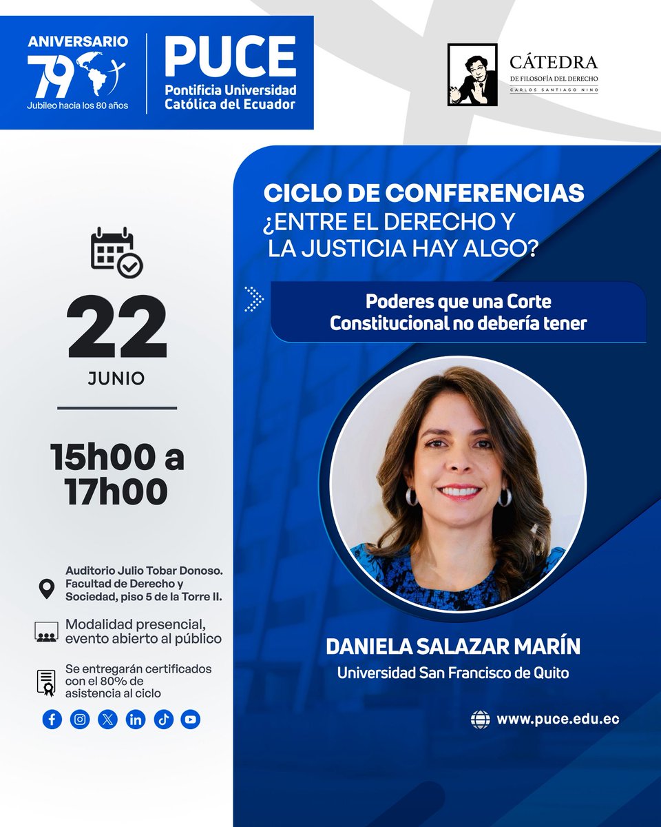 gustavosilvacaj's tweet photo. Este lunes cerramos el ciclo de conferencias que organizamos desde la Cátedra de Filosofía “Carlos S. Nino”. La disertación estará a cargo de la profesora @dsalazaca con un tema interesantísimo. Todos/as invitados/as. https://t.co/59bVtHuxMo