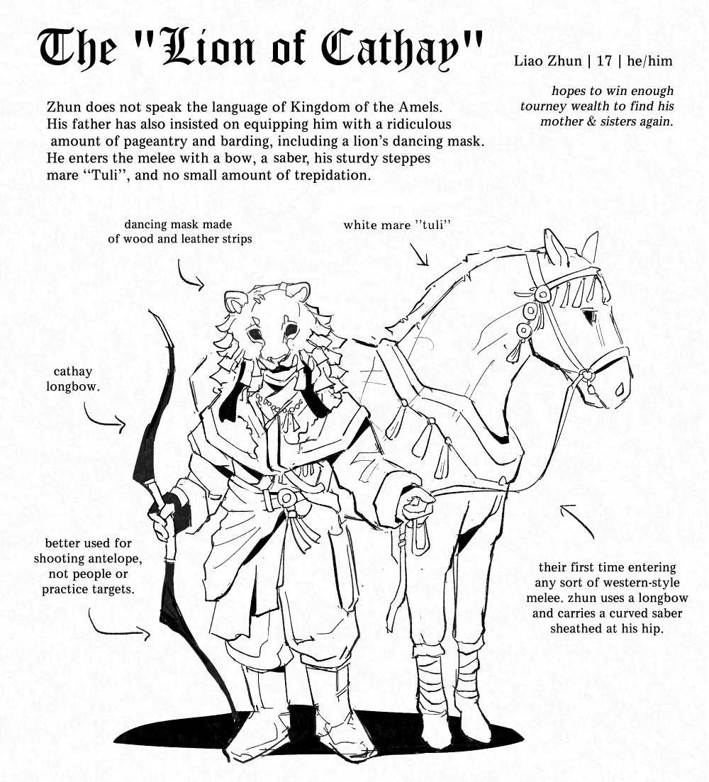 brightmyth's tweet photo. I participated in Hastilude, an OCT themed around a knight's tournament in a 13th version alternate-France.
I want to clean up and post all the comics I drew for Hastilude eventually, so here's the character info and intro comic for the character I created, Liao Zhun. https://t.co/nE58wER9cb