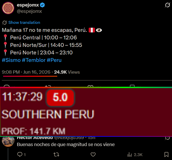 espejomx's tweet photo. Se burlaron, me criticaron y hasta me maldecían... ¿Y qué pasó? No te me escapaste, Perú, y temblaste. 🇵🇪🔥 M5.0 a las 11:37 dentro de la ventana señalada. El tiempo me da la razón. #Sismo #Temblor #Peru https://t.co/rKLLdZRELH