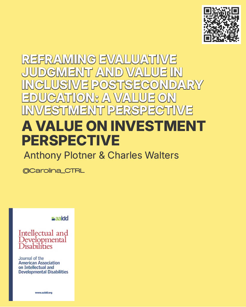 CarolinaCTRL's tweet photo. New publication out of USC's Center for Transition Research and Leadership: Reframing Evaluative Judgement &amp; Value in Inclusive Postsecondary Education: A Value on Investment Perspective. @UofSCEducation @USCResearch @_aaidd https://t.co/pndw8tyEEe