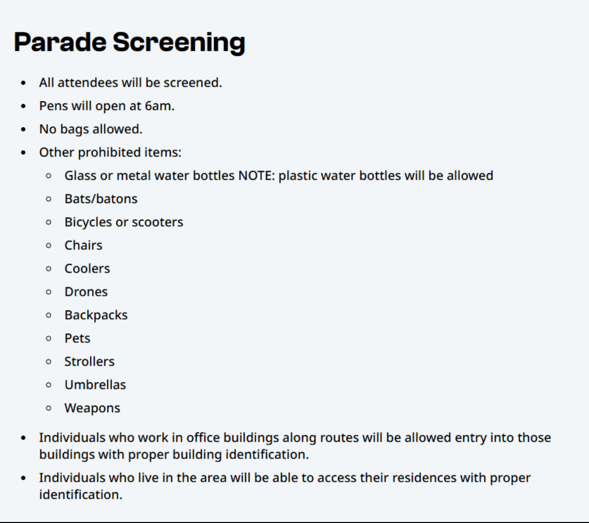 Mzz_Understood's tweet photo. @Keith_McPherson I don’t think people will be able to camp out. Parade screening doesn’t start til 6a &amp; since chairs &amp; backpacks aren’t allowed, I doubt camping out will happen https://t.co/1gWeGuze4I