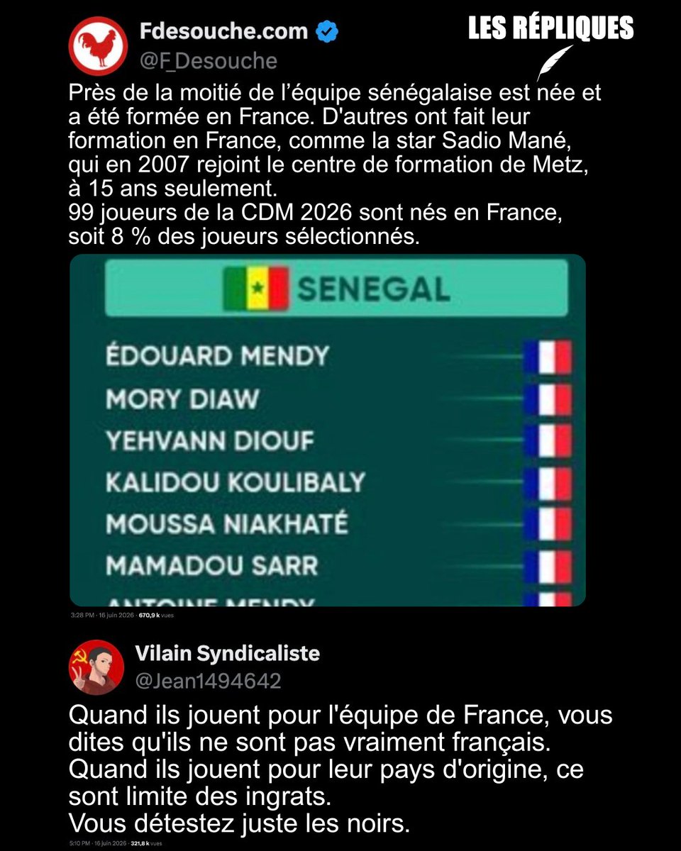 Les_Repliques's tweet photo. L'info football selon @F_Desouche : le nombre de joueurs sénégalais nés ou formés en France

@Jean1494642 https://t.co/WLOOlGWp24