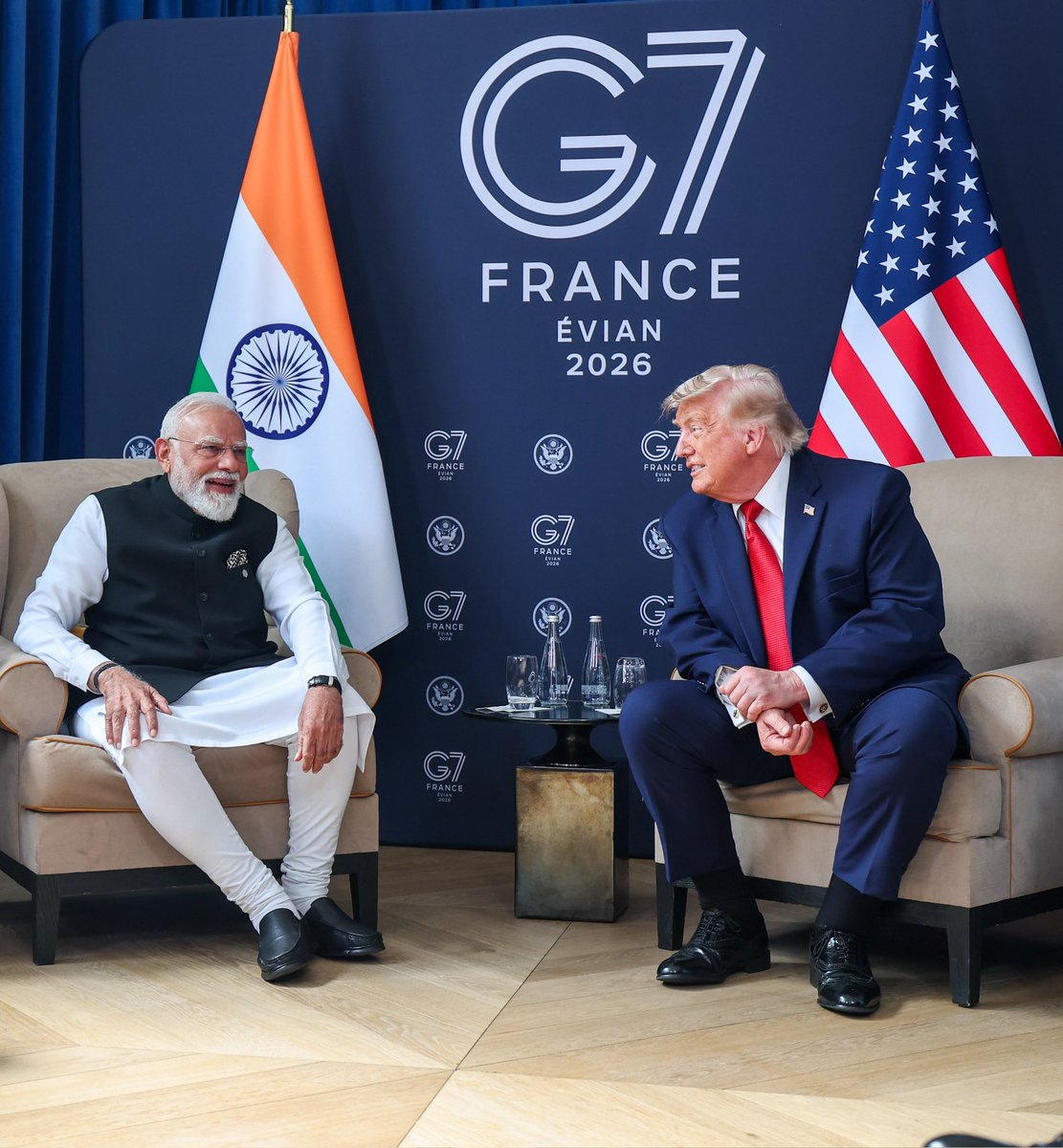 PMOIndia's tweet photo. PM @narendramodi met US President @realDonaldTrump in Evian and reviewed progress in India-US cooperation across sectors such as energy, trade, defence, technology and people-to-people ties.

The two leaders also exchanged views on developments in West Asia. The Prime Minister emphasised the importance of peace and stability in the region, keeping the Strait of Hormuz open and ensuring the safety and security of civilians, including seafarers.