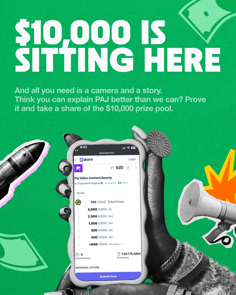 paj_cash's tweet photo. $10,000 IS WAITING FOR YOU.

Think you can explain PAJ better than we can? Prove it and take a share of the $10,000 prize pool. 

We’re rewarding creators who make the best video about PAJ.  

Funny? Educational? Personal? 

All you need is a camera and a story.

Show the world what it feels like when your crypto hits your bank account in 30 seconds.