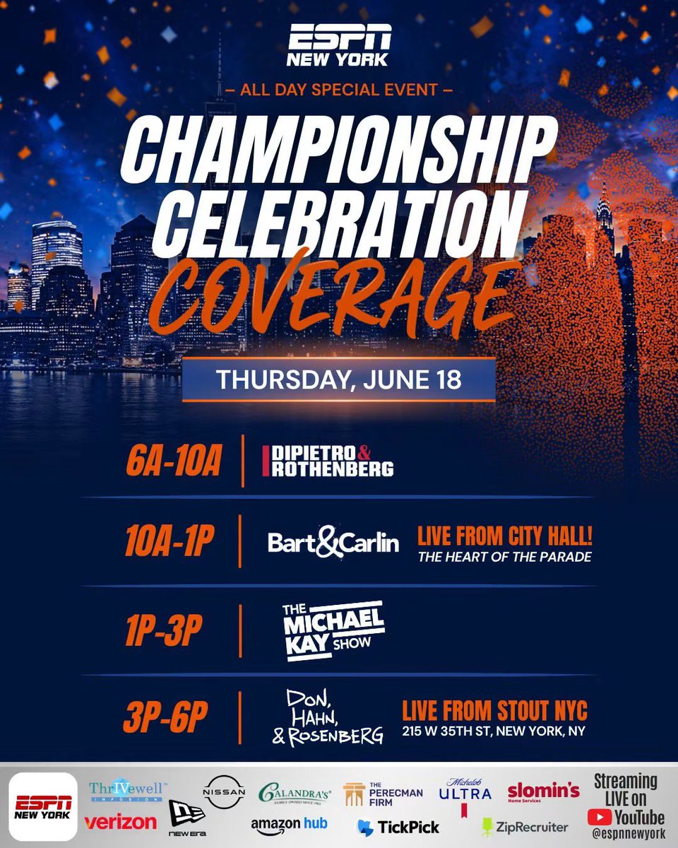 ESPNNewYork's tweet photo. 🏆 NYC, get ready to celebrate! 🏆

@ESPNNewYork is going ALL IN with wall-to-wall Championship Celebration Coverage TOMORROW, Thursday, June 18th! 🎉

📍 Live from the heart of the parade at City Hall with @BartAndCarlin (10A–1P)
📍 Live from Stout NYC with @DHRonESPN (3P–6P) https://t.co/qD1cpZ6cSY