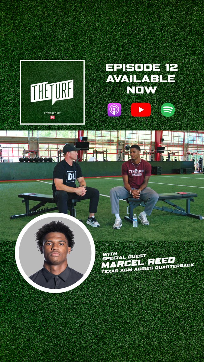 D1Sports's tweet photo. 📢 WELCOME TO THE TURF, MARCEL REED!

Texas A&amp;M starting quarterback @Marcel10Reed dropped by @theturf_D1 to talk about:

🏈 Recruiting advice
🤝 Leadership lessons
📋 Growing up as a coach's son
🏀 Unwavering confidence in his hoops game

NEW episode: https://t.co/2UrPLaQIoO https://t.co/kspxGTjM0T