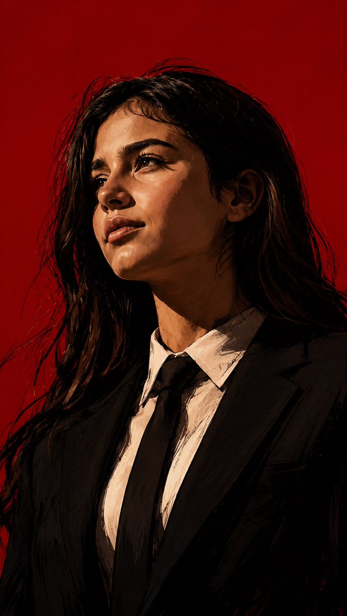 81soud81's tweet photo. Prompt :

Create a digital painting portrait of the uploaded photo in the style of a dramatic graphic novel character. Harsh cinematic lighting with bold shadows, strong brushstroke texture and rough sketch lines, stylized realism with clean edges and painterly textures. Minimal color palette: deep red, pure black, and natural skin tones. Background must be solid blood red with no detail. Subject wears a black suit, white shirt, and black tie, same glasses as original photo, hair styled back or same as original. Stoic, confident, serious expression with slightly tilted head. Emphasize facial structure with dramatic shadows, high contrast, powerful and intense mood. Tightly cropped from chest to top of head.
Resolution 4K Ultra HD, aspect ratio 9:16 vertical portrait. The face must match the uploaded photo exactly for identity consistency.
