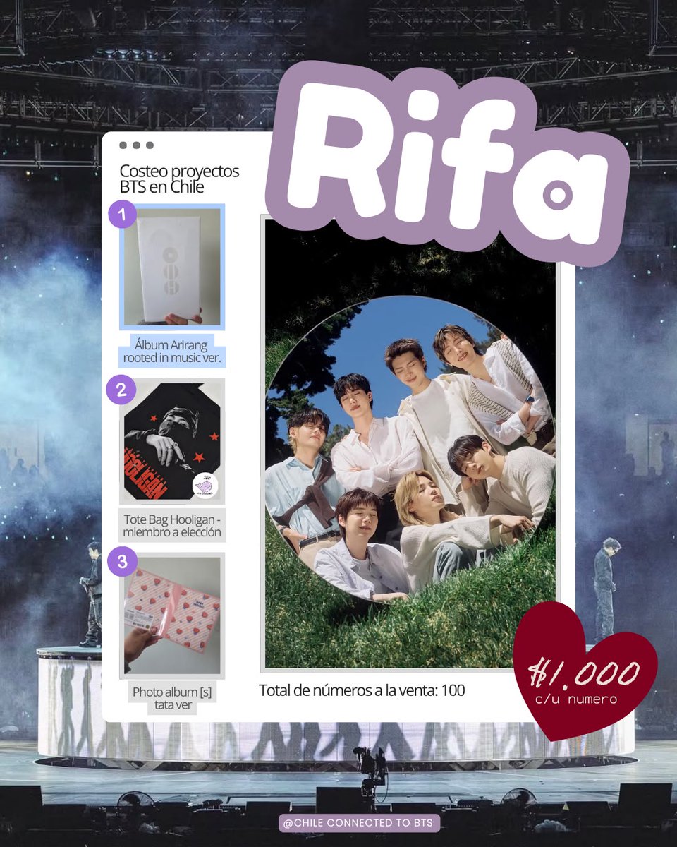 ConnectedBts's tweet photo. Army de Chile, hoy lanzamos nuestra primera rifa del año 💜
Todo el dinero de los números vendido se irán para proyectos de la fanbase que tenemos en mente para darle la bienvenida a BTS en Chile 🫶🏻

¿Como participar?

➡️ hablanos por interno para comprar tu número y estarás participando por uno de esos increíbles premios 💜

➡️ además, estarás aportando directamente a que podamos realizar proyectos para BTS en nuestro país ✨️

Fecha de sorteo hasta vender todos los números 📢

Tienda totebag: 613stitches. cl 🫶🏻

#BTS #btsarmy #ARMYChile #BTSChile