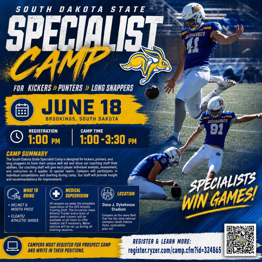 SpecialTeamsFB's tweet photo. We are excited to have Special Teams Football Academy be the lead evaluators at the SDSU specialist camp on Thursday (1-4. Pm) as well as utilize our @Phase3Kicking ‘specialist algorithm’ to help verify and compare your skills to the college game standard.  

Registration walk up spots available.  
Camp 🔗: https://t.co/hr0FFGWVQ2