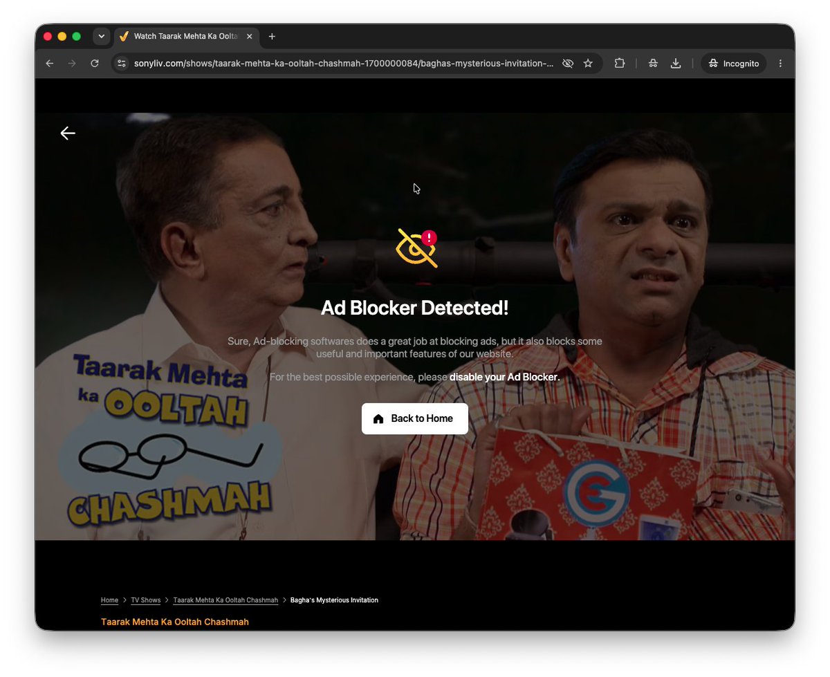 princu09's tweet photo. Sony LIV is fuckkkedd up! How is it detecting an ad blocker even in Chrome Incognito mode?

Is anyone else facing the same issue? https://t.co/DXYTwfCBTq