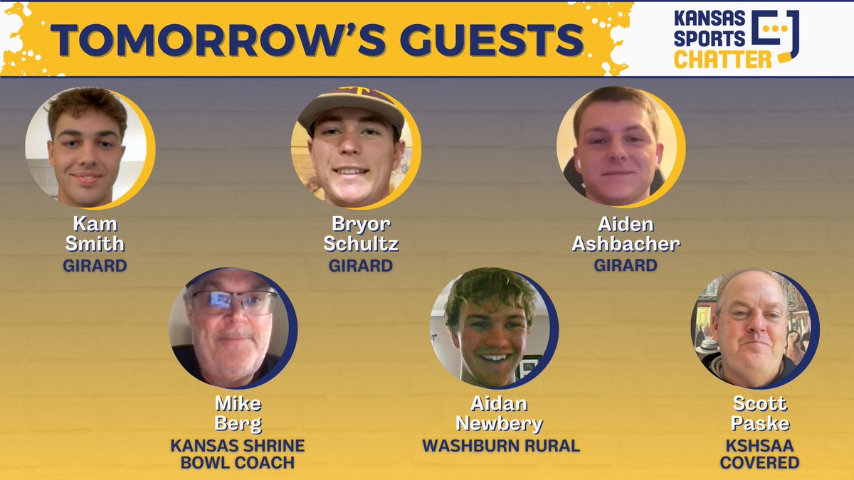 KSportsChatter's tweet photo. On tomorrow's show...

- @kam_smith_15 - @GirardTrojans ⚾️
- @BryorSchultz_7 - Girard ⚾️
- Aiden Ashbacher - Girard ⚾️
- Mike Berg - @KSShrineBowl coach (@WellsvilleEagle)
- @AidanNewbery4 - @WARUBaseball ⚾️
- @ScottKSHSAA - @KSHSAA Covered https://t.co/3gVPdr9gCS