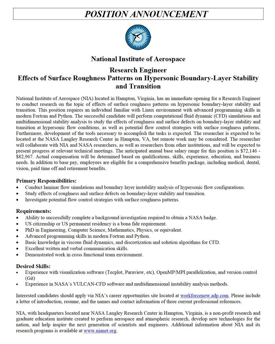 ossanworld's tweet photo. Anyone interested in working on hypersonic boundary-layer stability and transition at NASA’s Langley Research Center? (Note: This position requires U.S. citizenship or a green card.) Please apply online at: https://t.co/thAEbfKkyf
#NASA #Hypersonics #AerospaceJobs https://t.co/1eepN6pnvU
