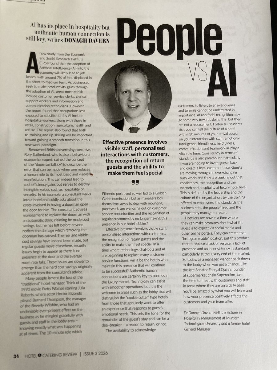 donaghd's tweet photo. AI has its place in hospitality but human connection is still the key #AI #Hotels @HC_Review https://t.co/w5jSLwPGut
