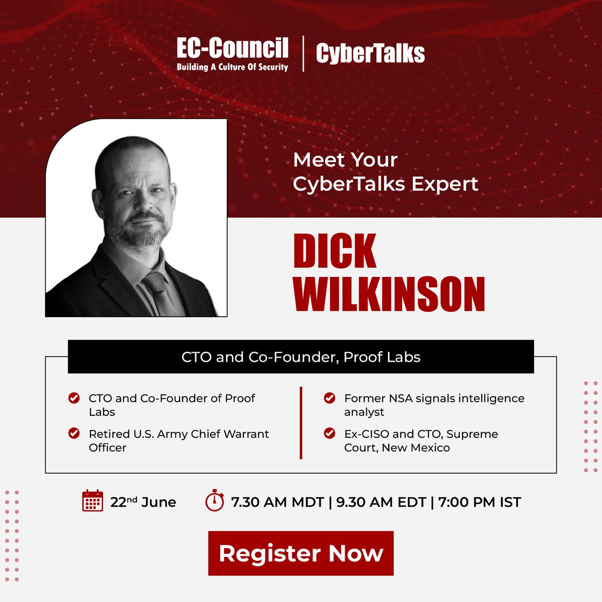ECCOUNCIL's tweet photo. Some perspectives on cybersecurity and compliance come from textbooks. Dick Wilkinson’s is shaped by first-hand experience at the NSA, in the U.S. Army, and within New Mexico’s highest court. 

📅 Catch Dick Wilkinson live on June 22.  

🔗 Register now: https://t.co/0tv6vSAZgK

Meet the Speaker: Dick Wilkinson  

-CTO and Co-Founder of Proof Labs, providing AI-driven cyber program management and audit- readiness solutions  
-Works with the Space-ISAC Cyber Vulnerability Lab, delivering technical security assessments of space technology  
-Retired Chief Warrant Officer 4 from the U.S. Army, with service as a Signals Intelligence Analyst for the NSA  
-Served as Cyber Lab Director for the Secretary of Defense  
-Former CISO and CTO for the Supreme Court of New Mexico 

#CCISO #ECCouncil #AuditReadiness #AIGovernance #CyberSecurity #RiskManagement #Compliance #CyberProgram #Webinar #TechWebinar #AIWebinar