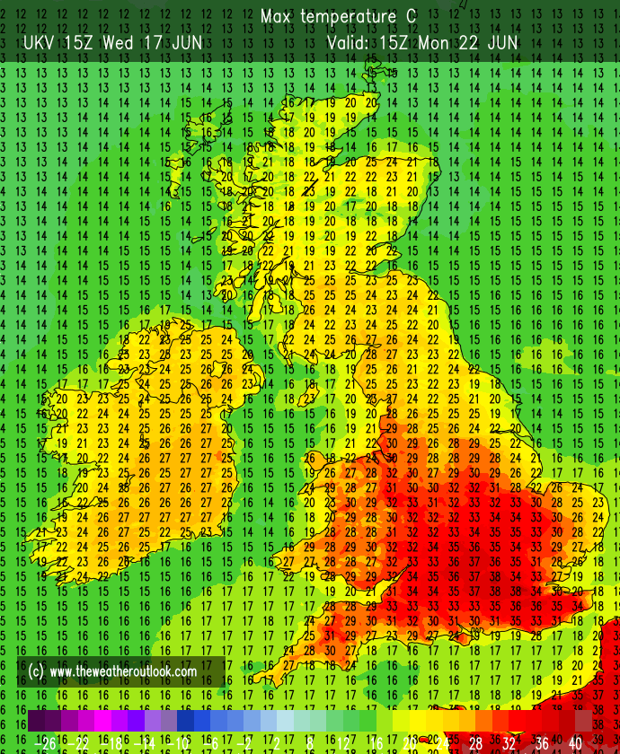 Met4CastUK's tweet photo. The UKV has 38°C relatively widely on Monday. 

For context, the all time June temperature record is 35.6°C.

The UK has never set two temperature records in two consecutive months before. This would be, as is becoming all too frequent, unprecedented levels of heat. https://t.co/d6APloOdf5