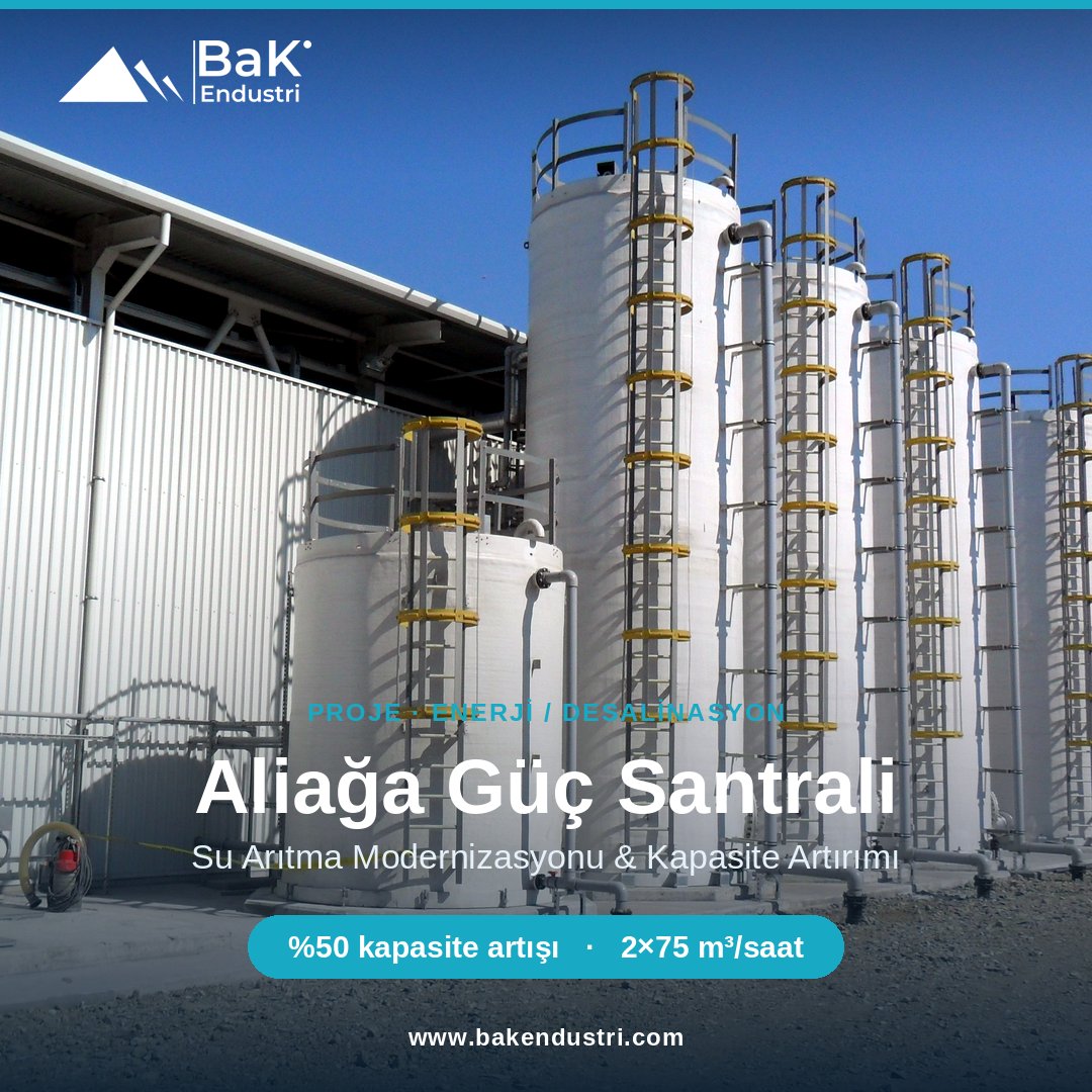 bakendustri's tweet photo. Aliağa Güç Santrali — Modernizasyon 

Aliağa Güç Santrali'nde su arıtma modernizasyonu: 2×75 m³/saat membran sistemi (UF + SWRO + 2. kademe RO), deniz suyu beslemeli, %50 kapasite artışı. #desalinasyon #enerjisantrali #BaKEndüstri https://t.co/b65CL1nhhk