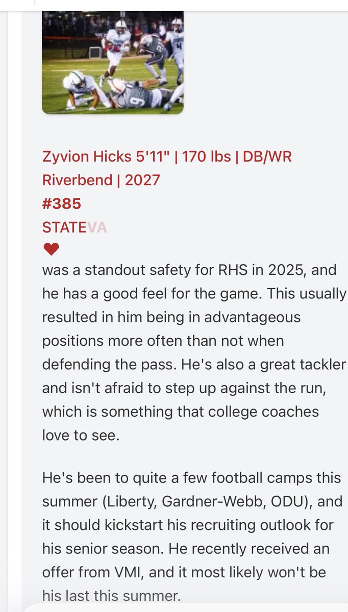 HicksZyvion's tweet photo. Thank you @PrepRedzoneVA and @CoachWilson66 for taking the time to write an article on me. I appreciate the recognition and support. I will definitely keep putting in the work everyday. Thank you for the love! @RHSBears_FB @coachwebb804 @CoachJSharon @carljfred https://t.co/bbuKJqcZlE