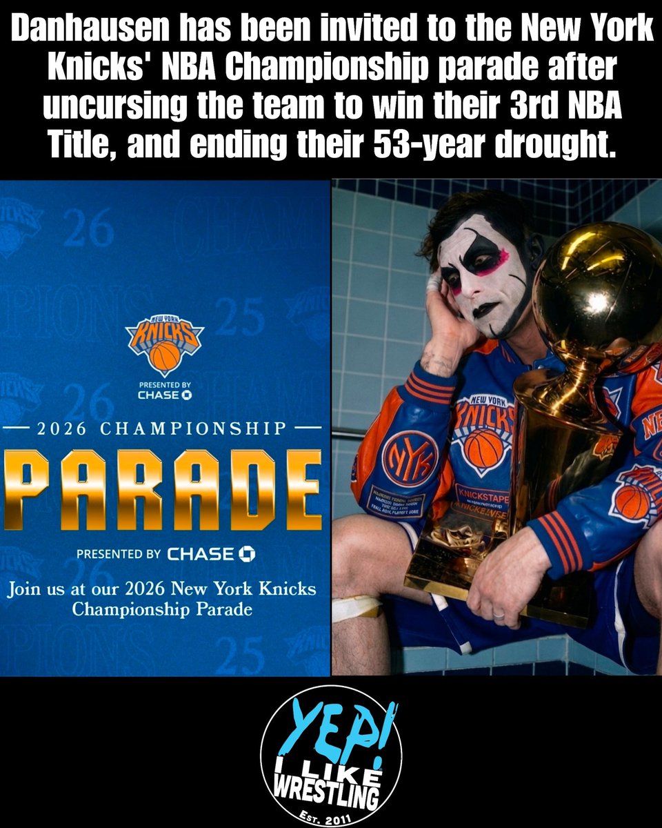 yepilw's tweet photo. Danhausen has been invited to the #NewYorkKnicks' #NBAChampionship parade after uncursing the team to win their 3rd NBA Title, and ending their 53 year drought. The invite is from WFAN radio. Should Danhausen accept the invite, and attend the NY Knicks' NBA Championship parade? https://t.co/7C8HCQk0lp