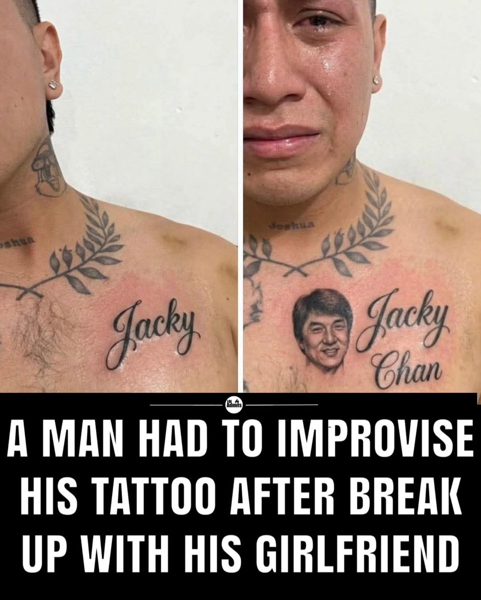 FSFilmFestival's tweet photo. Thos man got “Jacky” tattooed for his girlfriend. After the breakup, he added a portrait of Jackie Chan and turned it into “Jacky Chan.” Adapt. Survive. Overcome. 😂
Courtesy of @loladmits
#TattooFix #Funny #Memes #Breakup #RelationshipHumor #JackieChan #LOL #FSFF #actionstars https://t.co/5wpe81YfW0