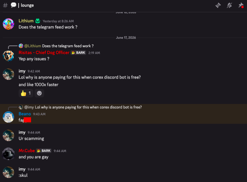 dandelions's tweet photo. Please stay aware from this scam and don't waste your money. 🧵

A supporter joined @barkdotgg and asked a simple question:

Why charge people for a CT tracker (X / Twitter monitoring tool) when similar tools are freely available and relatively straightforward to create?

Instead of answering, they responded by calling the person "broke" and a f slur. LMAO.

The messages were then deleted... ? Wonder why.

No explanation. No transparency. This kind of behavior isn't new either. It feels similar to the same playbook we've seen from short lived CT services in the past. (WuupX)

If you're confident in your product, questions shouldn't be a problem.

We decided to make our discord tracker for private communities free and it's way faster than these services that don't last and just scrape X 😆