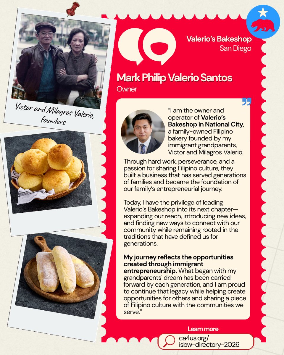 calfund's tweet photo. Three generations, one dream. Meet Valerio's Bakeshop in National City, San Diego: the iconic family-owned Filipino bakery founded by immigrants Victor &amp; Milagros Valerio, carried forward by their grandson Mark. 🍞

Learn more: https://t.co/QL71KQNEJf

#ImmigrantSmallBusinessWeek https://t.co/Vf5Wa267Mt