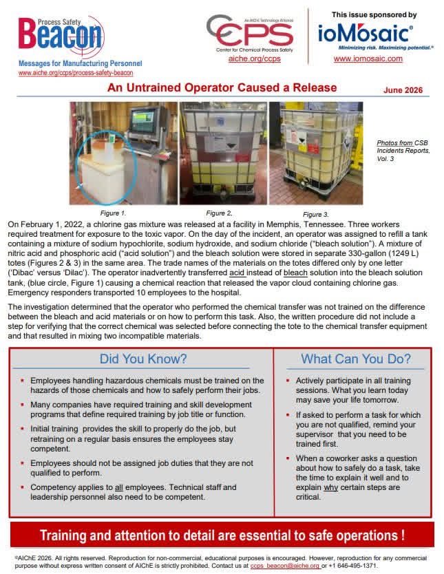 AccessCompNews's tweet photo. June CCPS Process Safety Beacon - "An Untrained Operator Caused a Release"

https://t.co/r8vOVVXZnj https://t.co/y3uAYZiYGl