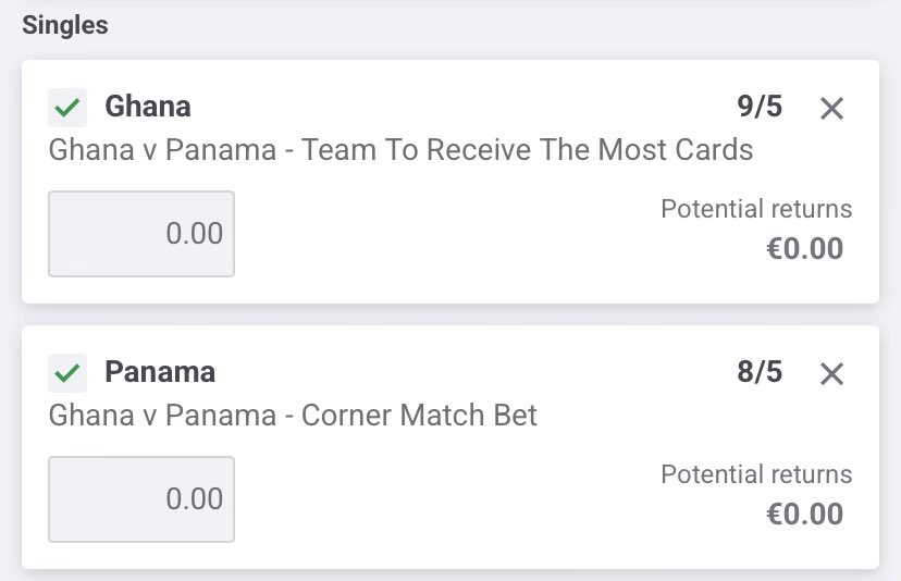 BenClearyBets's tweet photo. 🇬🇭 vs 🇵🇦 

Ghana Most Cards @ 2.8
Panama Most Corners @ 2.6

1u on both singles. Best odds Paddy Power https://t.co/gFRUuyOSOg