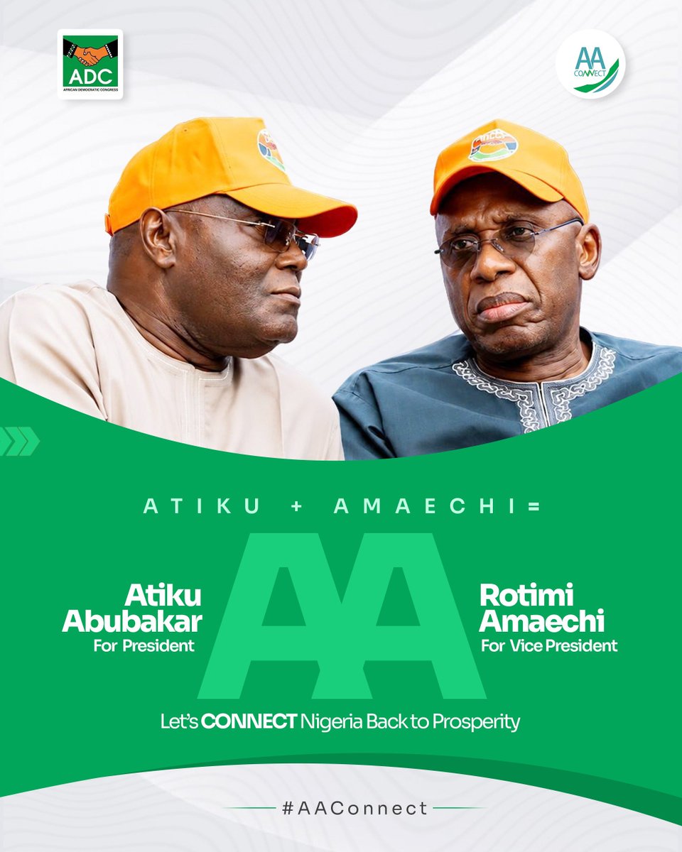 AAconnect_'s tweet photo. AA will defeat APC and fix Nigeria.

Together, they [ @atiku Abubakar  + @ChibuikeAmaechi ] offer 40+ years of combined executive experience. 

No learning curve. 

No guesswork. 

Just capacity to reset the economy, secure the nation, and unite all regions.

#AAConnect https://t.co/A9WDi46Chr