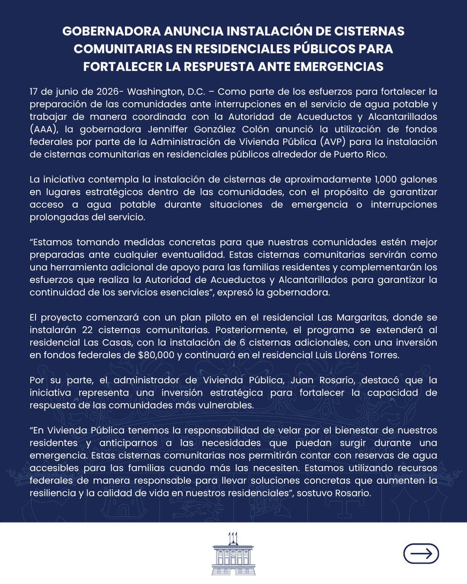 Jenniffer's tweet photo. Comunicado de Prensa | Gobernadora anuncia instalación de cisternas comunitarias en residenciales públicos para fortalecer la respuesta ante emergencias

La iniciativa es parte de los trabajos que realiza la Administración de Vivienda Pública https://t.co/qdn6vRnkFB
