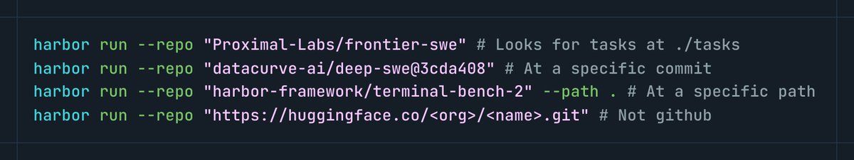 harborframework's tweet photo. Starting today, run any dataset or task at any commit in any git repo from any git platform at any path in one line of code: https://t.co/zexGw6T1yD