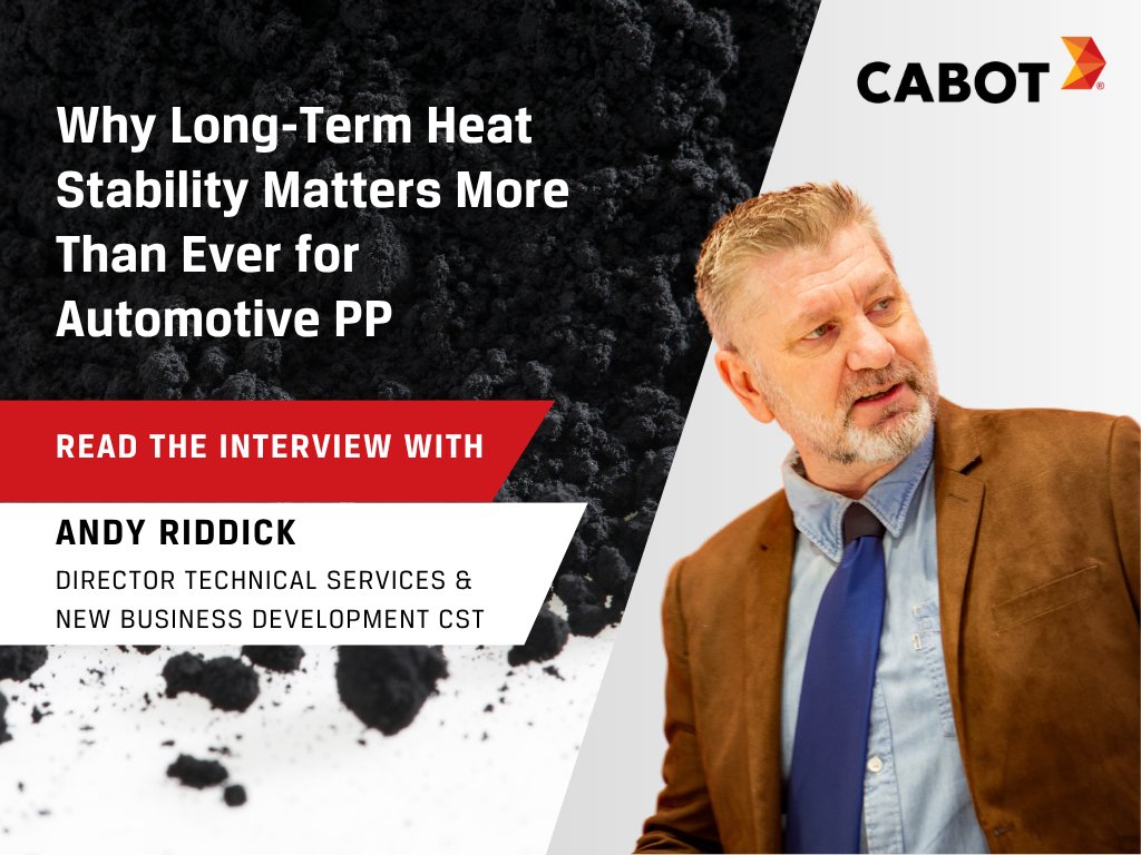 CabotCorp's tweet photo. Read the full interview: https://t.co/O9bspCg7E1

Why is long-term heat stability becoming increasingly important in automotive polypropylene applications?

To learn more read our latest interview with Andy Riddick, director technical services &amp; new business development, CST. https://t.co/1Mj2Kw86jA