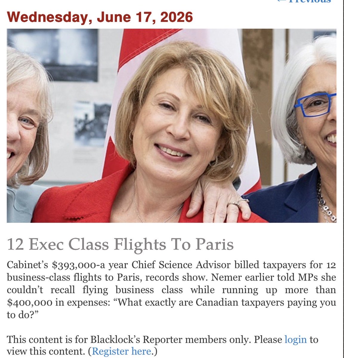 mario4thenorth's tweet photo. Meet Dr. Mona Nemer.

Salary: $393,000 a year. 

PAID BY YOU.

Total travel expenses since 2017: over $400,000.  

PAID BY YOU.

12 business class flights to Paris alone.

PAID BY YOU.

Just one business class ticket: $8,335. 

PAID BY YOU.

When Conservative MP Vincent Ho asked her in Parliament if she could name a single concrete accomplishment from her role as Canada’s Chief Science Advisor.

SHE COULDN’T

When asked what would stop working if her position vanished. 

SILENCE.

When records exposed her business class travel, she told MPs she “couldn’t recall” flying business class.

Carney reappointed her in 2024 for a fourth term running through 2027.

What a scam.

Story courtesy of @mindingottawa