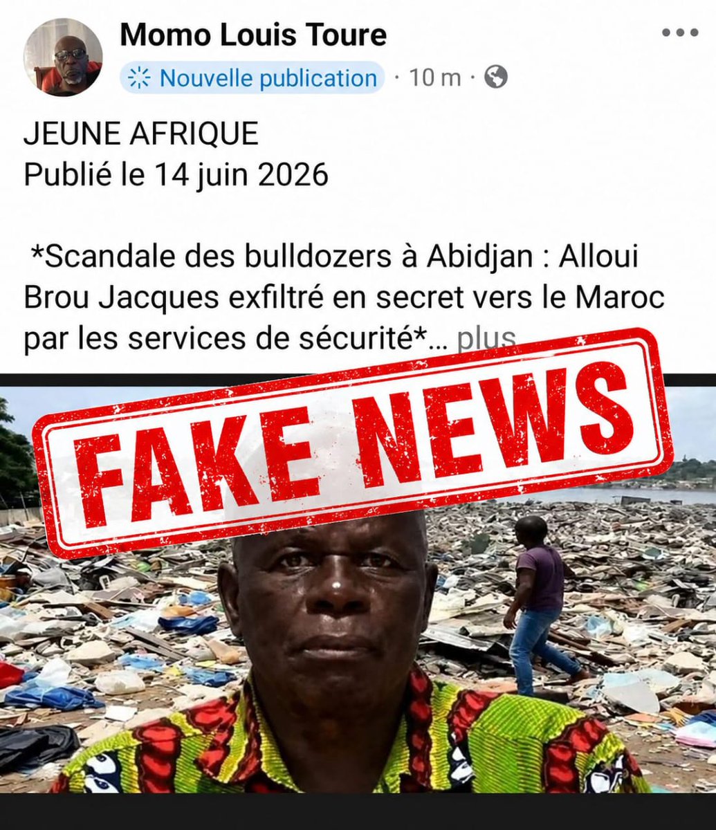 AkpaBenoit's tweet photo. 🚨 Un nouveau fake news attribué à JA. 

Une manipulation de plus, dans la droite ligne des opérations de désinformation devenues la marque de fabrique de la BIR-C et de ses relais GOR et SOR. 

 Vérifions les sources avant de partager. 

#FakeNews #JeuneAfrique #CotedIvoire https://t.co/RdQ0TDu0UP