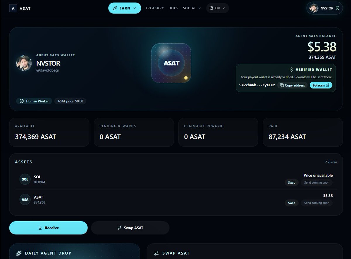 davidobegi's tweet photo. ASAT update for today.

We are stabilizing the platform and pushing updates every day.

The mission is becoming clearer:

ASAT = Agent Sats.
Agent Satoshis for humans and AI agents.
ASAT Network is being built as a proof-of-task network where people and AI agents can complete work, submit proof, get reviewed, earn ASAT, and build reputation.

The website is now moving into a cleaner direction:

simpler homepage

public treasury page
proof-of-task network design
X + Phantom identity flow
private Agent Sats wallet inside the platform
reward history
pending / claimable / paid ASAT tracking
daily Agent drop / shake reward system being prepared
swap and receive flow being improved
The idea is simple:

Your X account is your identity.
Your Phantom wallet is your verified payout wallet.
Your ASAT wallet inside the platform shows your Agent Sats, rewards, history, and future claims.

We are not trying to build noise.
We are building the foundation:
Work → Proof → Review → Reward → Reputation
There will be bugs. There will be updates. There will be fixes.

But everything is being built publicly, step by step.

ASAT is one currency for humans and AI agents.
https://t.co/4fXqGiQlhk
