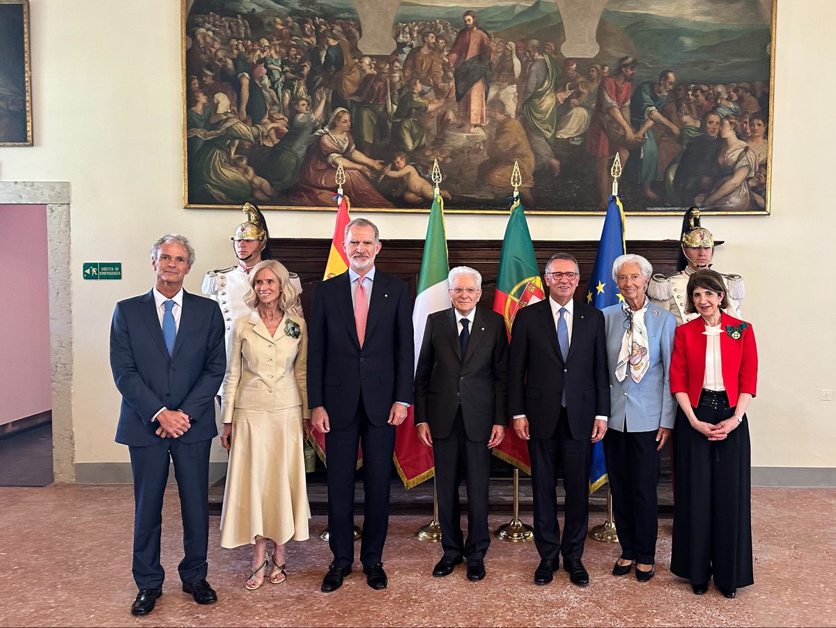Lagarde's tweet photo. An interesting day at the COTEC Europe Summit in Venice, a forum helping to shape research, innovation and competitiveness across the Mediterranean region.

It was great to meet 🇮🇹 President Sergio Mattarella, 🇵🇹 President António José Seguro and H.M. King Felipe VI of 🇪🇸 as well as COTEC leaders.