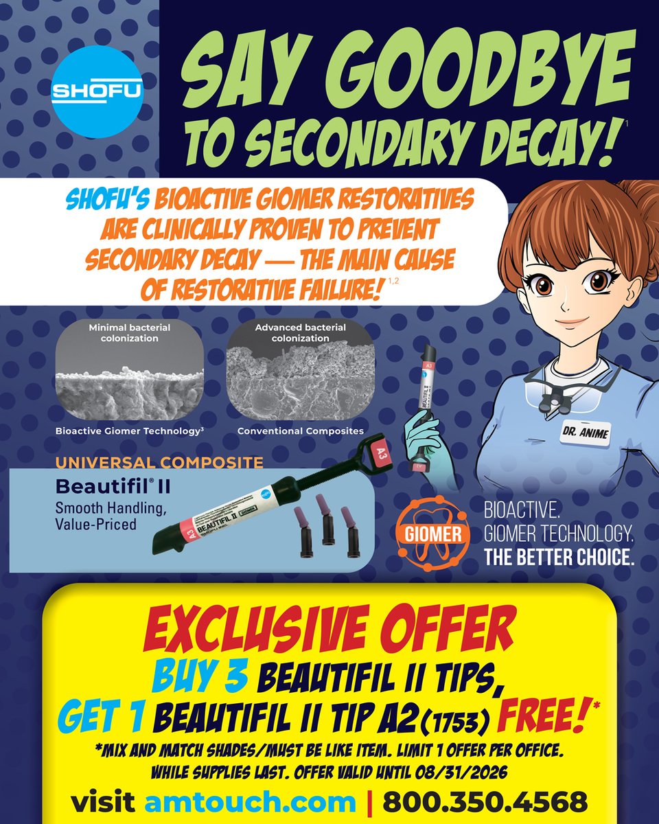 AMTouchDental's tweet photo. 🦷 Prevent secondary decay with Beautifil II and Bioactive Giomer Technology.
🔥 Exclusive Offer: Buy 3 Beautifil II Tips and get 1 Beautifil II Tip A2 FREE!
Smooth handling. Proven performance. Better restorations.
📅 Ends 8/31/2026
#Shofu #BeautifilII #RestorativeDentistry https://t.co/hrocXI8VCC