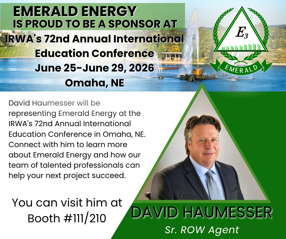 E3_Emerald's tweet photo. David looks forward to engaging with peers from across the industry and bringing new insights back to the Emerald team.

If you'll be attending the conference, be sure to connect with David!

#IRWA2026 #RightOfWay #ProfessionalDevelopment #Networking #EmeraldEnergy https://t.co/3g5d7Hq0nZ