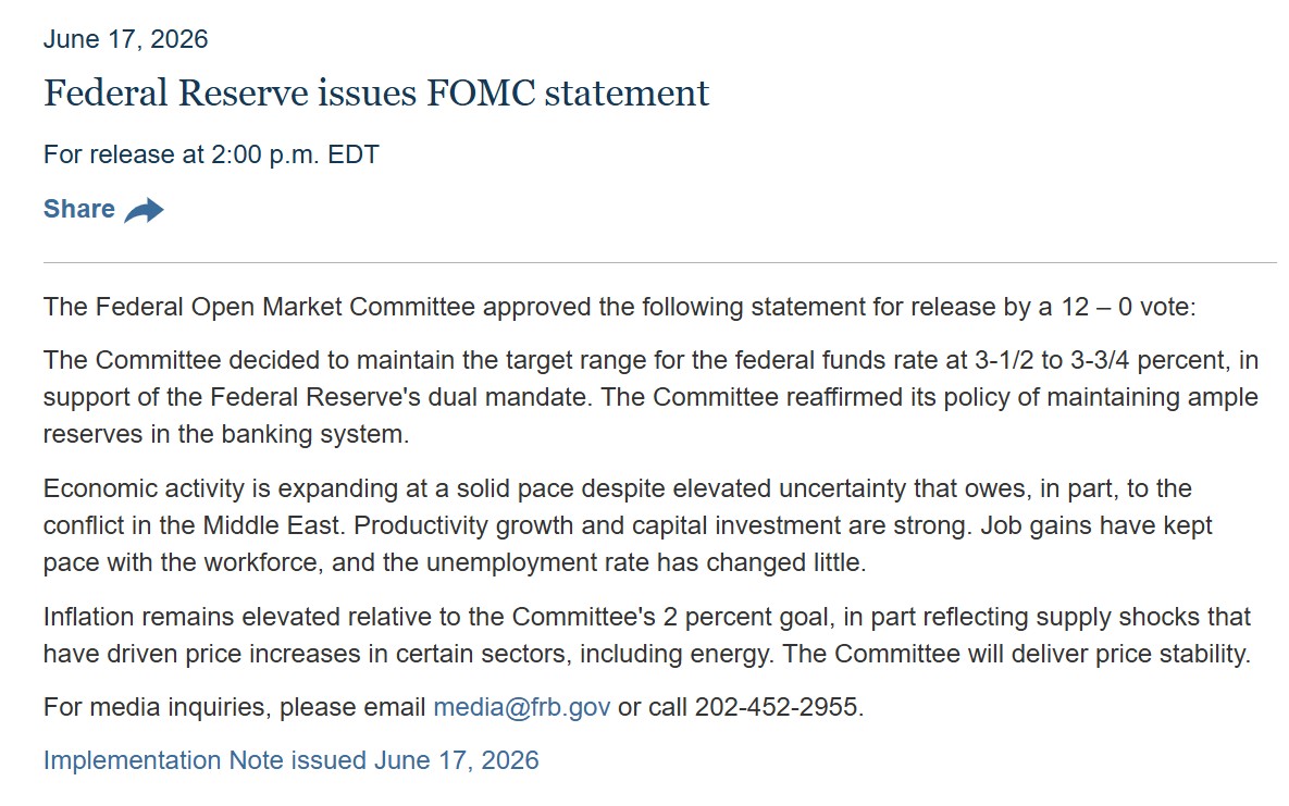 elerianm's tweet photo. Here are my three takeaways from the just-issued Federal Reserve statement:
As widely expected, and by a 12-0 vote, the FOMC left interest rates and balance sheet management unchanged.
The new Chair’s impact is already visible in today's communication. The statement itself (below) is significantly more concise, and notably, one official opted out of submitting "dots" for the projections.
The upward revision to the median inflation forecast and the dropping of the previous easing bias are accompanied by—and for what it’s worth—an updated "dot plot" shows 9 officials projecting a rate hike this year (with several of them projecting more than one), 8 opting for no change, and only one projecting a cut.
Now, all eyes turn to Chair Warsh’s first press conference.
#economy #federalreserve #markets