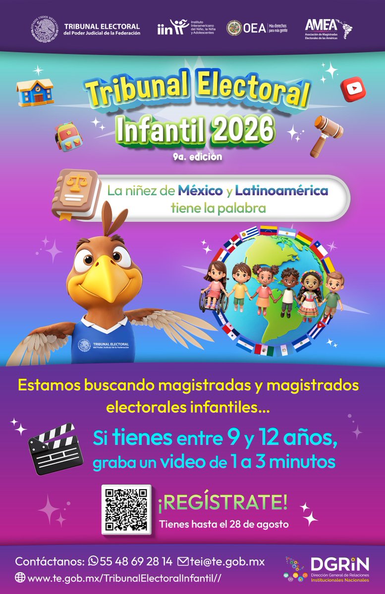03JDECOAH's tweet photo. 🎥⚖️ ¿Tienes entre 9 y 12 años? ¡Esta es tu oportunidad de alzar la voz!Participa en el Tribunal Electoral Infantil 2026 y comparte tus ideas sobre los temas que importan a la niñez de México y Latinoamérica. 🌎👧🧒📹 
 https://t.co/Mglnr6aPzk https://t.co/GjLcG82G2v