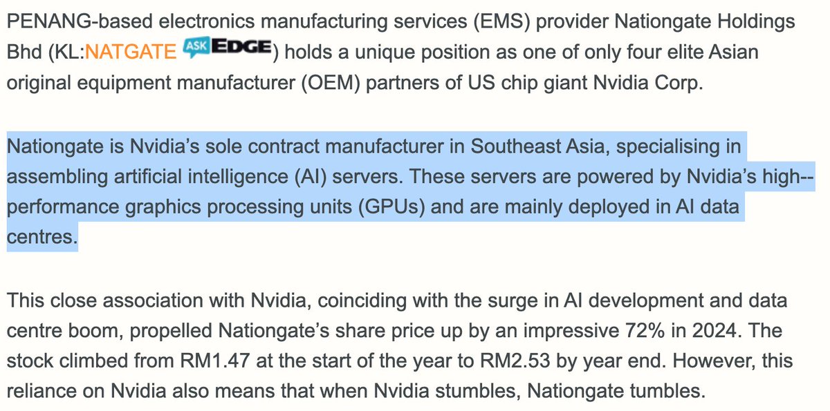 JonkooTrades's tweet photo. I kept pulling the $TRT thread. It leads somewhere bigger than I expected.

To $NVDA. Through a landlord.

Start with what we know for certain.

→ $TRT leases its new 104,000 sq ft Perai facility from Skygate Technology (M) Sdn Bhd
→ Skygate is controlled by Datuk Ooi Eng Leong

That is in TRT's own 8-K filing.

Now follow the owner.

The same Datuk Ooi Eng Leong controls ~55% of NationGate Holdings (KL: NATGATE).

And here is what NationGate is:

"Nvidia's sole contract manufacturer in Southeast Asia… one of only four elite Asian OEM partners of Nvidia."
- The Edge Malaysia

NationGate builds Nvidia AI servers.

So line it up.

The man who owns $TRT's landlord also controls the company that builds Nvidia's AI servers in Southeast Asia.

Same owner. Same Perai cluster. Same AI supply chain.

And remember what $TRT is shipping right now.

$5.3M + $2.6M in burn-in board orders for a "next-generation AI GPU platform," North American and European customers.

Nvidia could very well be the AI GPU platform.

This is an ownership and ecosystem link, not a signed deal - and true confirmation here is very difficult, because the contracts are most likely signed with an NDA.

But if we take a step back.

AMD. Micron. Coherent. NXP. And now an ownership thread running straight into the Nvidia supply chain.

One microcap. Sitting in the middle of all of it. In one corner of Penang.

Still under ~$200M market cap.