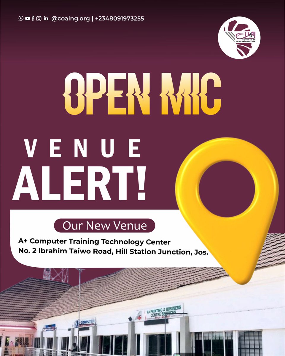 COALNG's tweet photo. VENUE ALERT 🚨
COAL’s Open Mic is moving to a NEW stage this June.

📍 A+ Computer Training Technology Centre, No. 2 Ibrahim Taiwo Road, Hill Station Junction, Jos  

Expect creativity, music, fun, networking and a special film screening 

#coalopenmic #coalng  #openmic #art https://t.co/L4Mvv49fOq