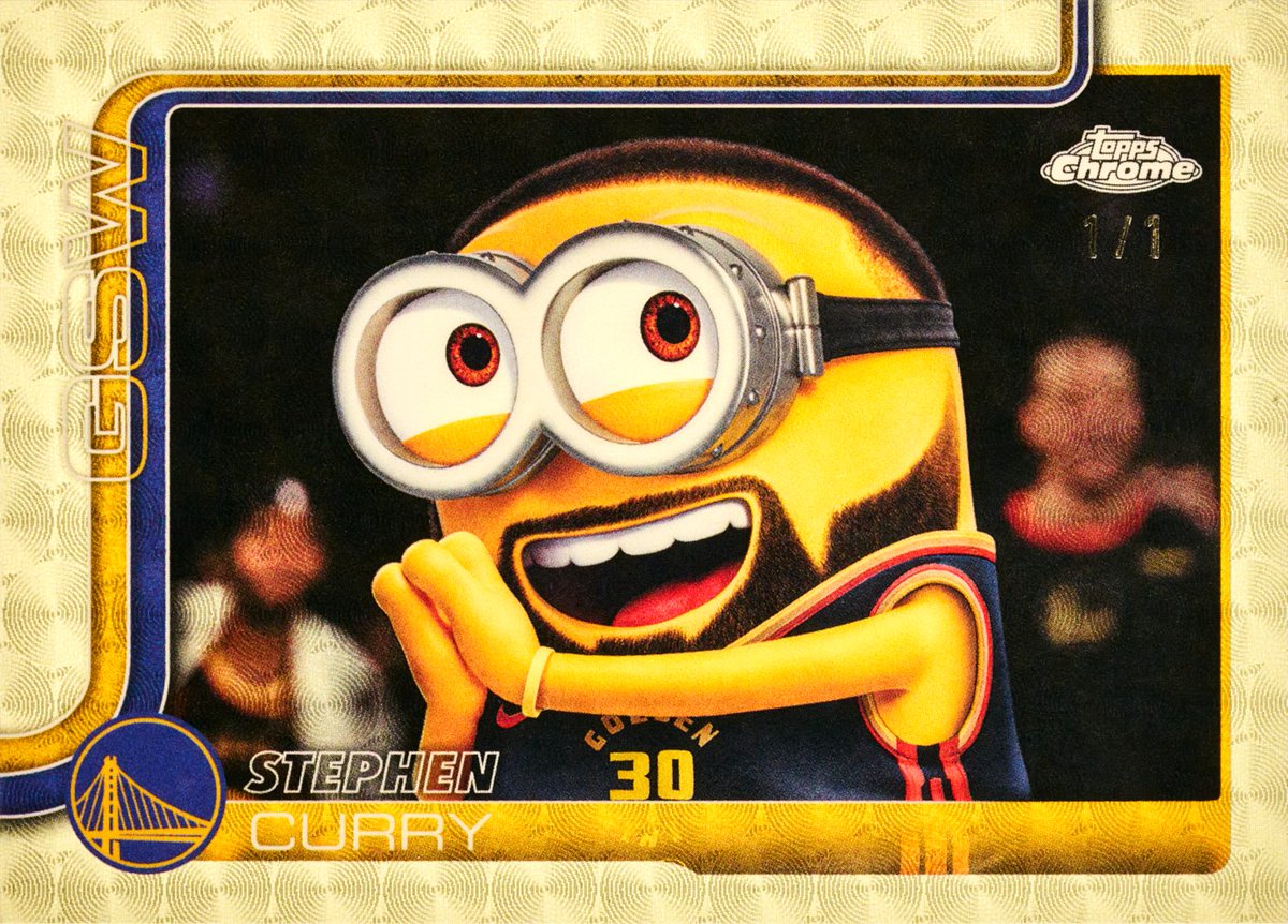 Topps's tweet photo. FIRST LOOK: Stephen Curry's 1/1 Minions Superfractor

Arriving in Topps Chrome Update Basketball https://t.co/8hxw2HHXXZ