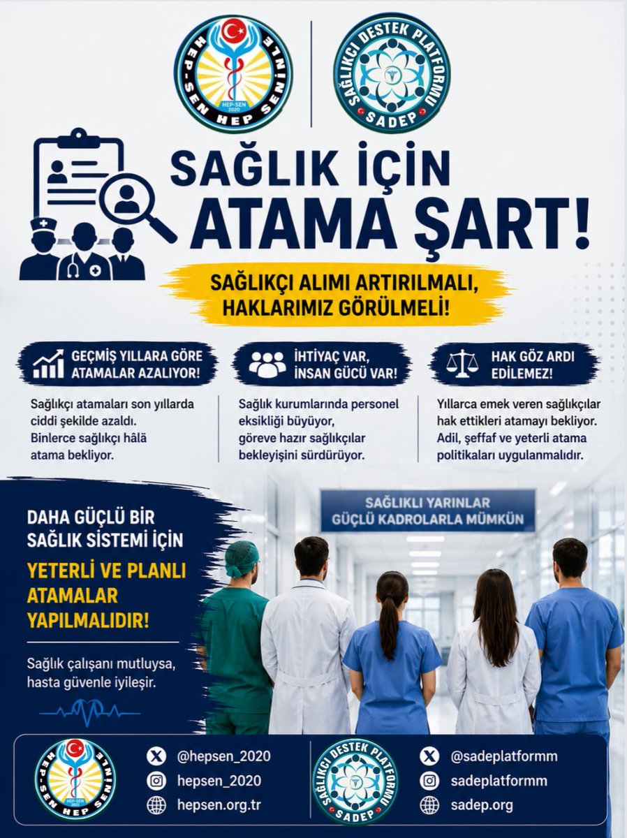 sadeplatformm's tweet photo. Sağlık sistemi nitelikli insan gücüyle ayakta kalır. Ancak son yıllarda yapılan atamaların geçmiş dönemlere göre azalması, sağlık alanındaki personel ihtiyacının tam olarak karşılanamamasına neden olmaktadır. Sağlık kurumlarının ihtiyaç duyduğu kadrolar güçlendirilmeli, yıllarca eğitim almış ve göreve hazır sağlıkçılar hak ettikleri şekilde istihdam edilmelidir. Bu yalnızca sağlıkçıların değil, toplumun tamamının yararınadır.
@RTErdogan @iletisim @HMBakanligi @saglikbakanligi @drmemisoglu @HmbSosyalMedya @memetsimsek @sagliklicozum @tcbestepe @hepsen_2020 

#SağlıkçılarİçinAdalet
