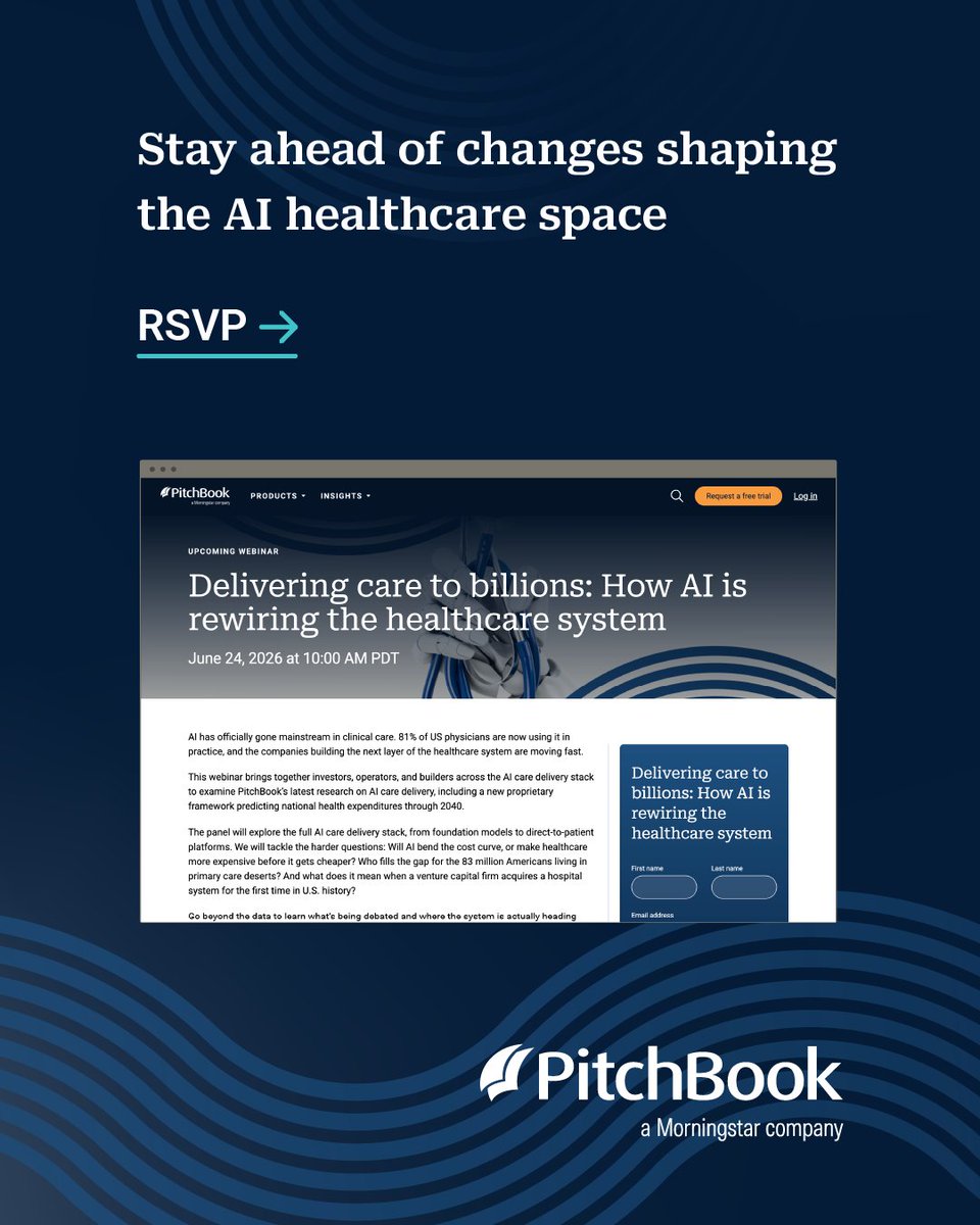 PitchBook's tweet photo. Join us for a data-driven look at the full AI care delivery stack, national health expenditure projections through 2040, and what the first-ever VC acquisition of a hospital means for the industry. RSVP: https://t.co/T3WdhxSfOm https://t.co/VPC2diSM9e