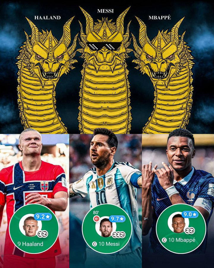 LeonSourov's tweet photo. Mbappé and Haaland were on fire, but Alien Messi arrived from another planet and completed a hat-trick. 🐐 https://t.co/7n7OKTYV4b
