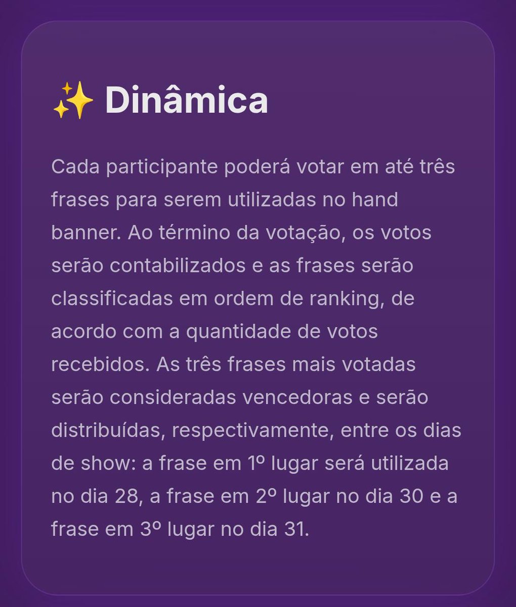 BARMY_360's tweet photo. @yoonbrunnie @itsjeonjm Olá! As frases foram escolhidas por número de votos e serão designadas aos seus devidos shows de acordo com seu ranking como foi informado em nosso site. O ranking das frases será liberado junto do ranking dos designs, mas hoje você já saberá quais foram as 3 escolhidas.💜 https://t.co/YnYgpLK4tC