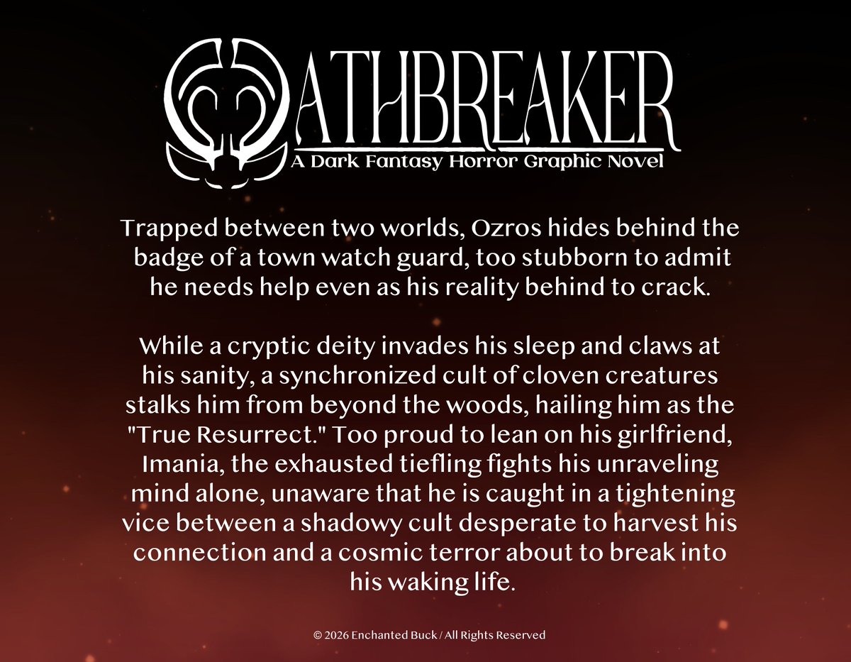 Oathbreakerhq's tweet photo. We’re bringing Oathbreaker to life!🦌🩸
Making this project a reality alongside two amazing SCAD students (@karkinos_9 &amp; @/clareannette_).
Our Kickstarter drops July 1st! Follow @oathbreakerhq for sneak peeks. 🌾
Created by @EnchantedBuck 
#oathbreakercomic #dnd #scad https://t.co/tUNlSwQB9c