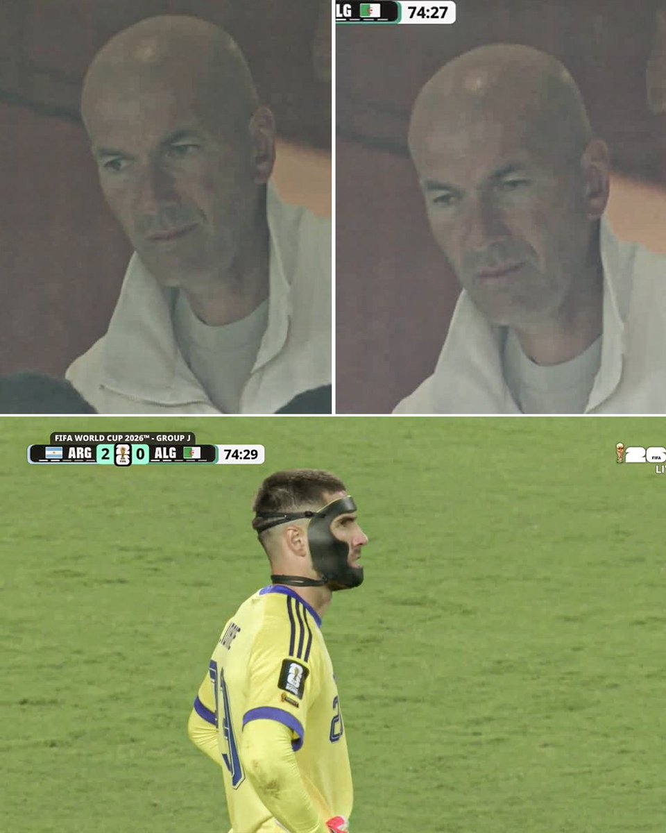 ESPNFC's tweet photo. Zinedine Zidane looking on as his son Luca Zidane had just given up two goals to Messi.

He must've been itching to get out there 😂 https://t.co/YOBTp5nOIV