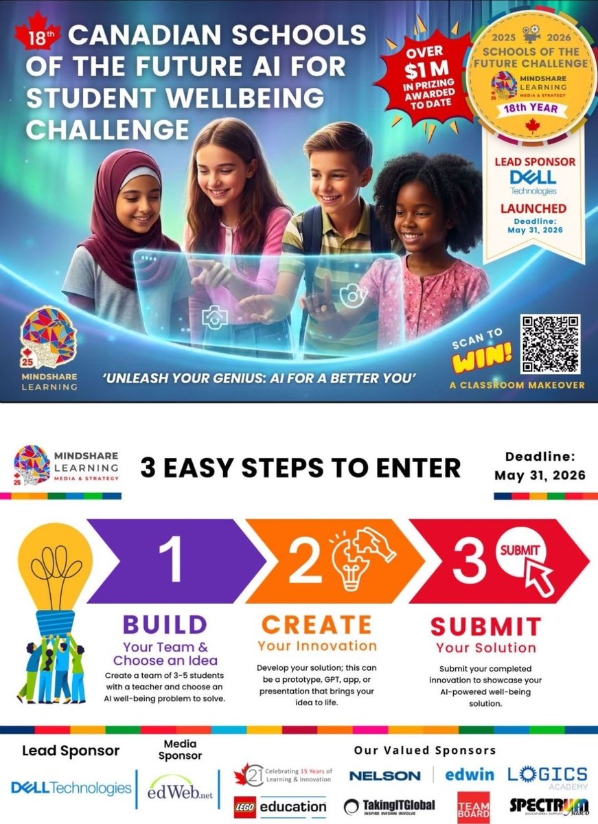 MindShareLearn's tweet photo. 🚨TEACHERS' TAKE NOTE! FINAL WEEK TO ENTER OR NOMINATE! EXTENDED! 🚨 KINDLY RESHARE!
🌍 18th Canada’s Schools of the Future - AI for Student Wellbeing Challenge
Do you have an innovative student project using AI to support wellbeing, learning, or student success?
🏆 Enter or nominate an outstanding student project for a chance to win awesome prizes for your school!
✅ Teacher-led teams of 3–5 students
✅ Create an AI-powered solution for student wellbeing
✅ Access the Student Responsible AI Use Micro-Credential
✅ National recognition and showcase opportunities
🎁 Over $1 Million in prizes awarded through Schools of the Future to date!
⏳ Deadline Extended: June 21, 2026 
https://t.co/y5fIrXp4ut
💡 Unleash Your Students' Genius: AI for a Better You
A special thank you to our Lead Sponsor, Dell Technologies, and our valued partners for empowering the next generation of innovators https://t.co/qjz5NlMzom Nelson Logics Academy Spectrum Educational Supplies Limited LEGO Education TeamBoard C21 Canada #AIinEducation #AIforGood #classroomofthefuture #DesignThinking #FutureReady #MindShareLearning #Wellbeing #CDNed #canada #contest #EdTechCanada #StudentVoice #EdTech 🍁🚀
